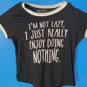 black tee with white writing